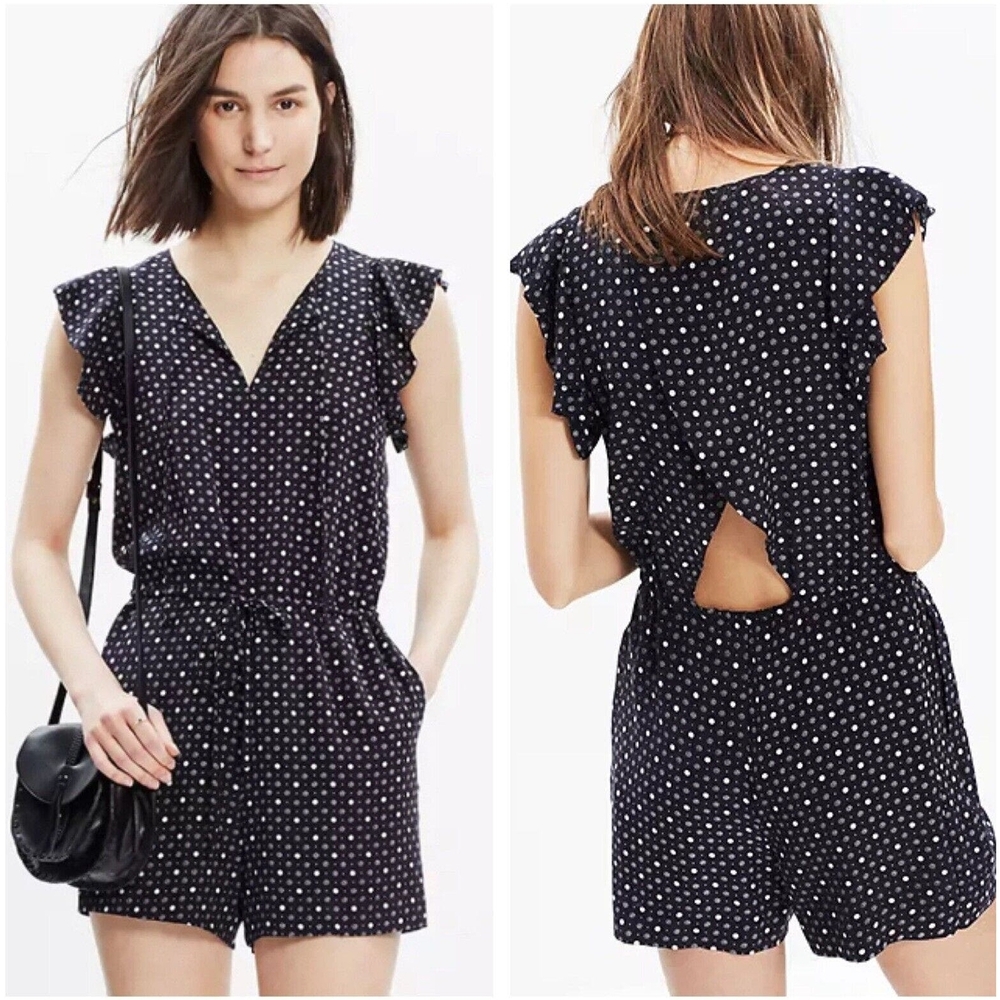 Madewell Silk Petal Play Romper Black Polka Dot Size XXS
